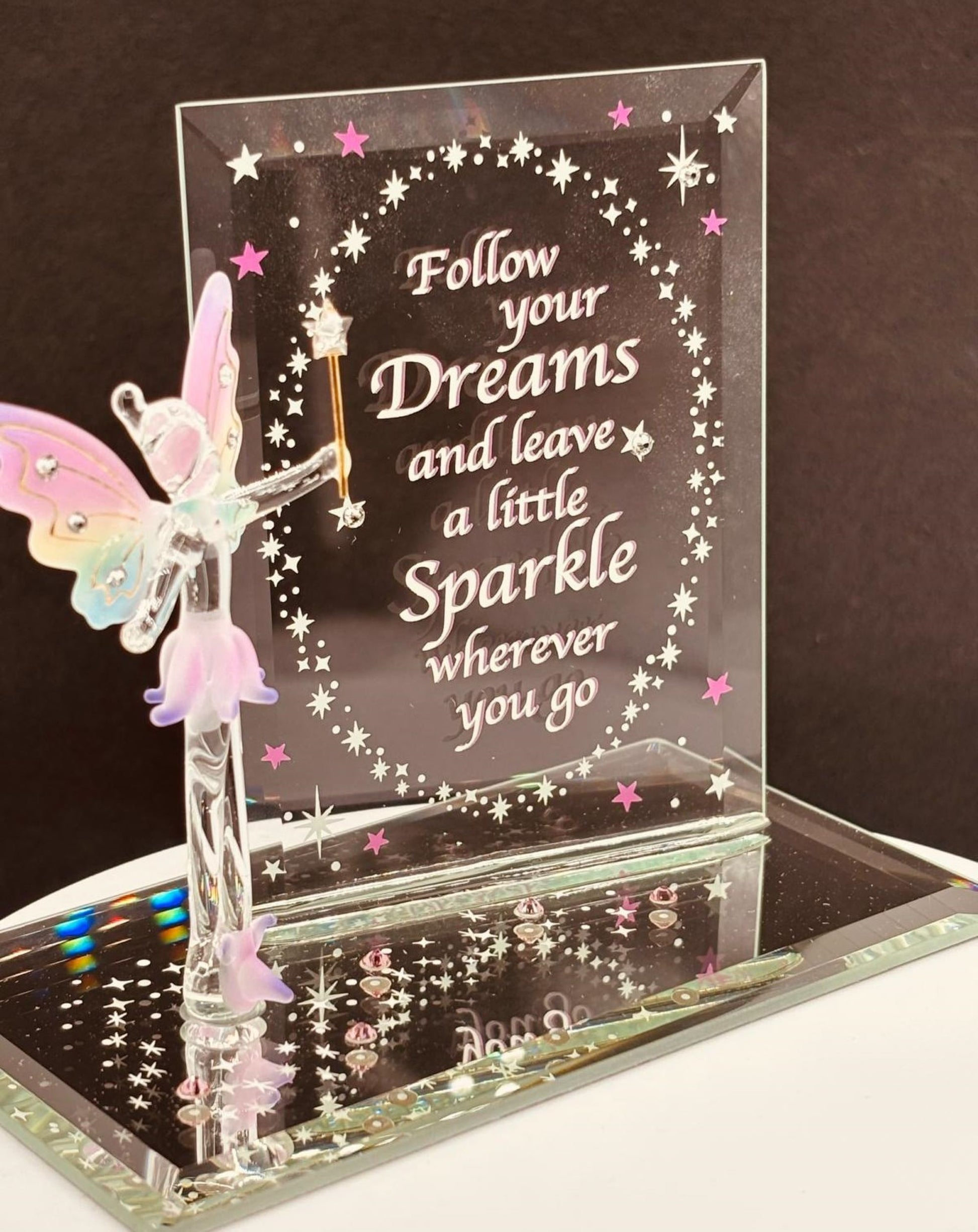 Handcrafted glass fairy figurine with crystals on mirrored base and inspirational message