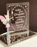 Handcrafted glass fairy figurine with crystals on mirrored base and inspirational message