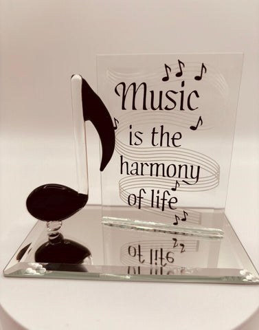 Handcrafted glass music note on beveled mirror base with “Music is the harmony of life” message and crystal accents