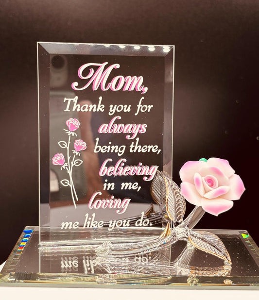 Pink porcelain rose glass figurine with mom appreciation quote
