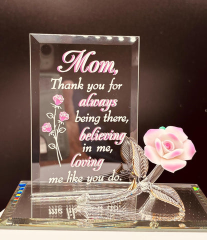 Pink porcelain rose glass figurine with mom appreciation quote
