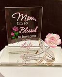 Pink porcelain rose glass figurine with mom appreciation quote