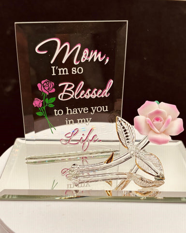 Pink porcelain rose glass figurine with mom appreciation quote