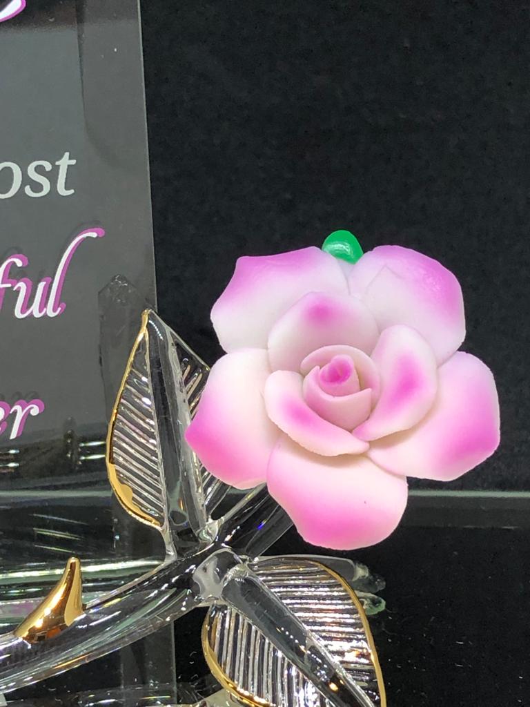 Glass Mom Figurine Pink Rose Accented with 22Kt Gold Mother's Day