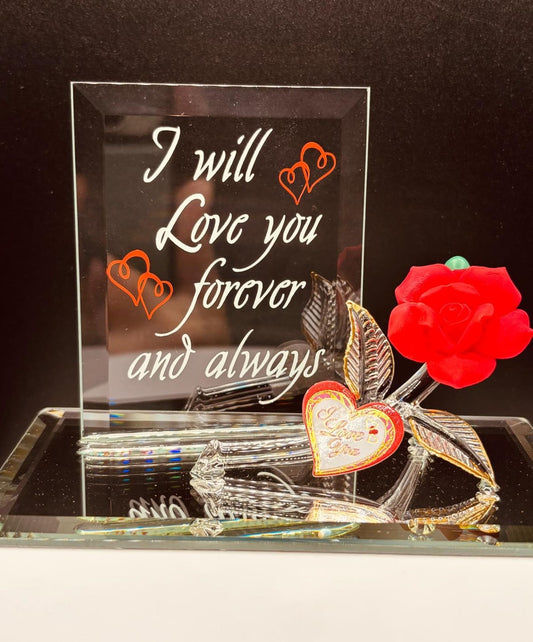 Red Rose “Forever and Always” Figurine | Handcrafted Anniversary Glass Love Gift