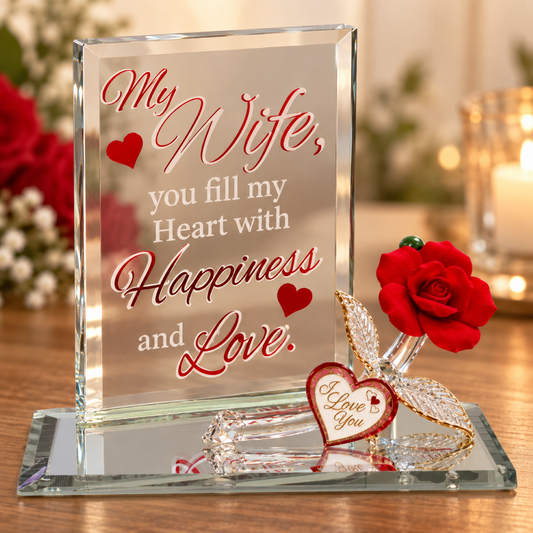 Handcrafted glass red rose figurine with I Love You heart tag and My Wife love message on decorative glass display