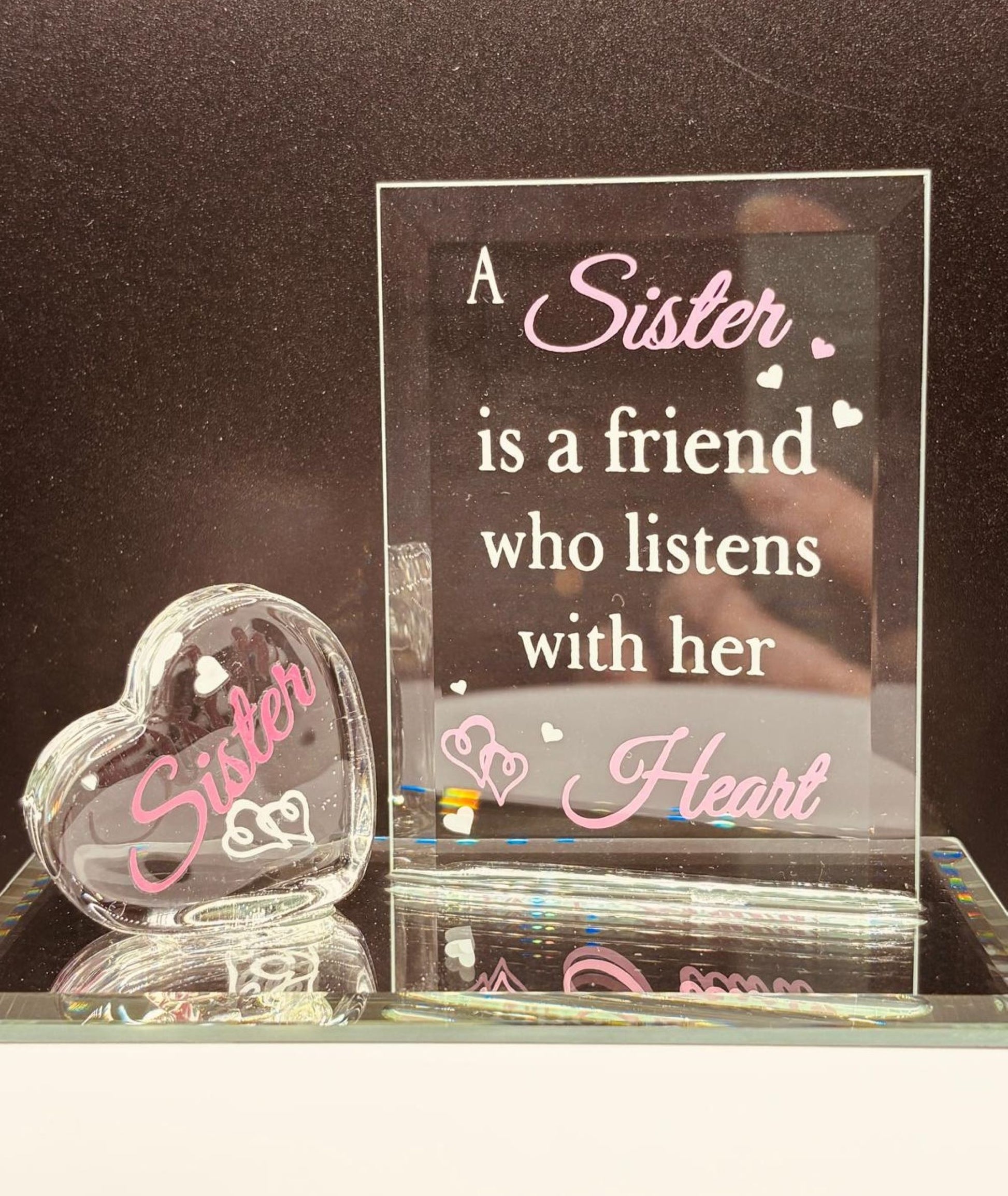Handcrafted glass sister heart figurine with “A Sister Listens with Her Heart” message. A thoughtful gift celebrating sisterhood.