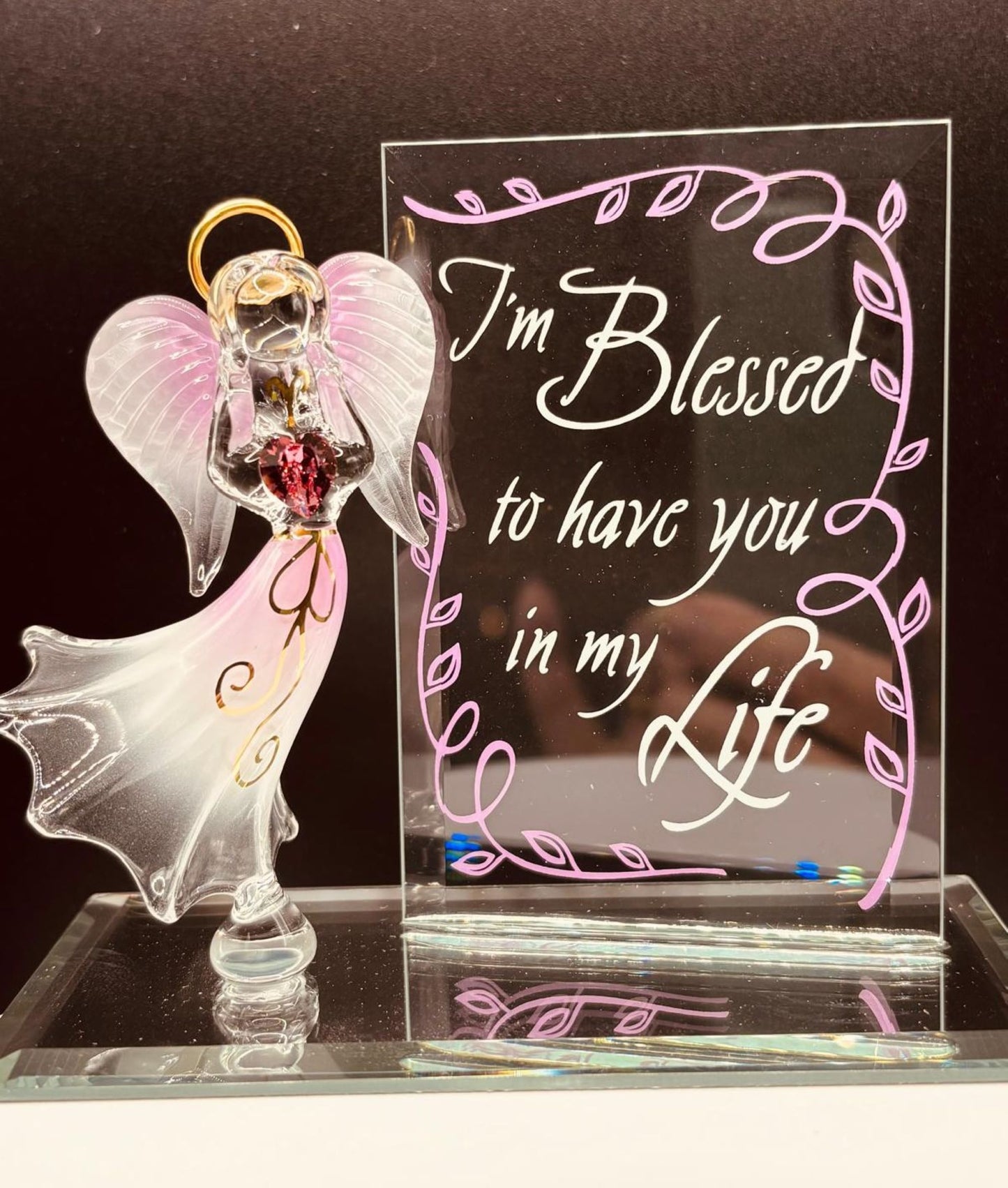 Handcrafted glass I’m Blessed angel figurine holding rose-colored heart crystal on mirror base