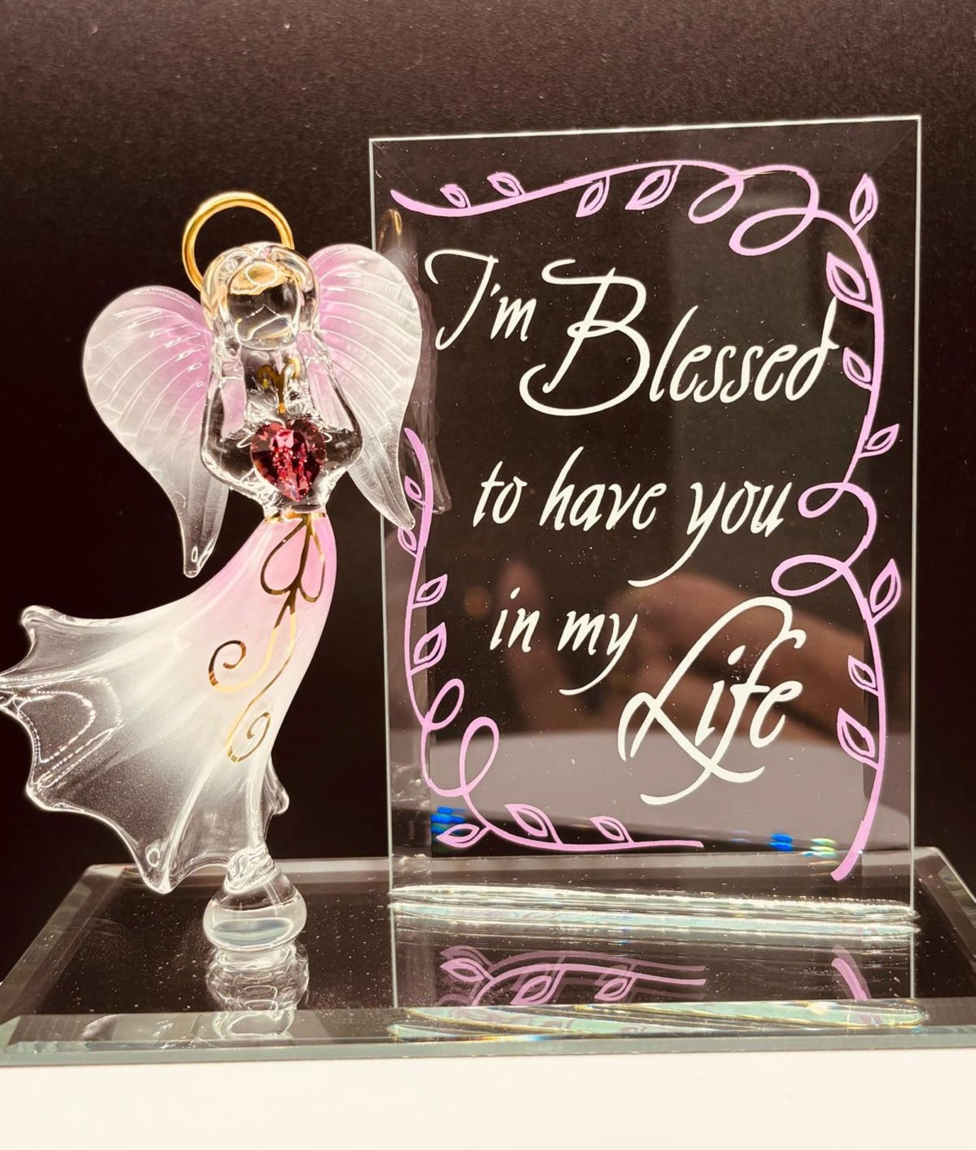 Handcrafted glass I’m Blessed angel figurine holding rose-colored heart crystal on mirror base
