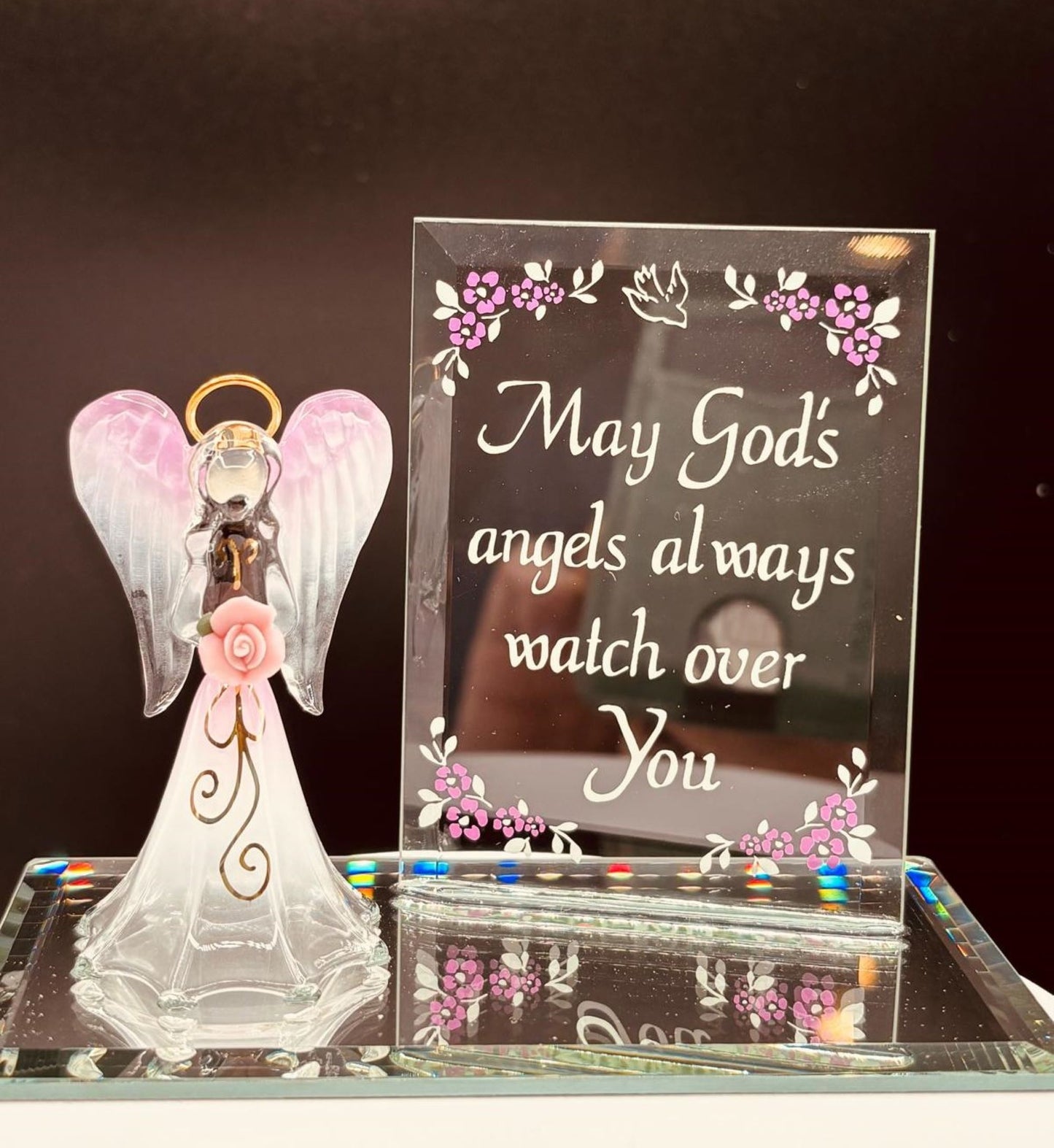Glass angel décor with gold accents and inspirational quote
