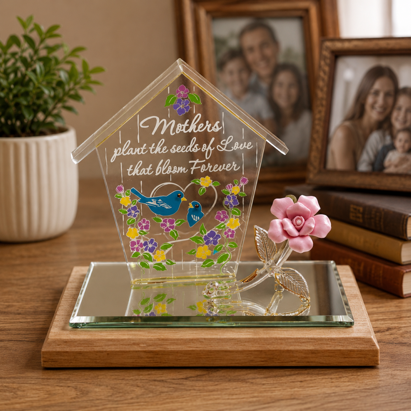 Mother's Day acrylic plaque with pink porcelain rose, floral bird design and love message on beveled glass mirror base