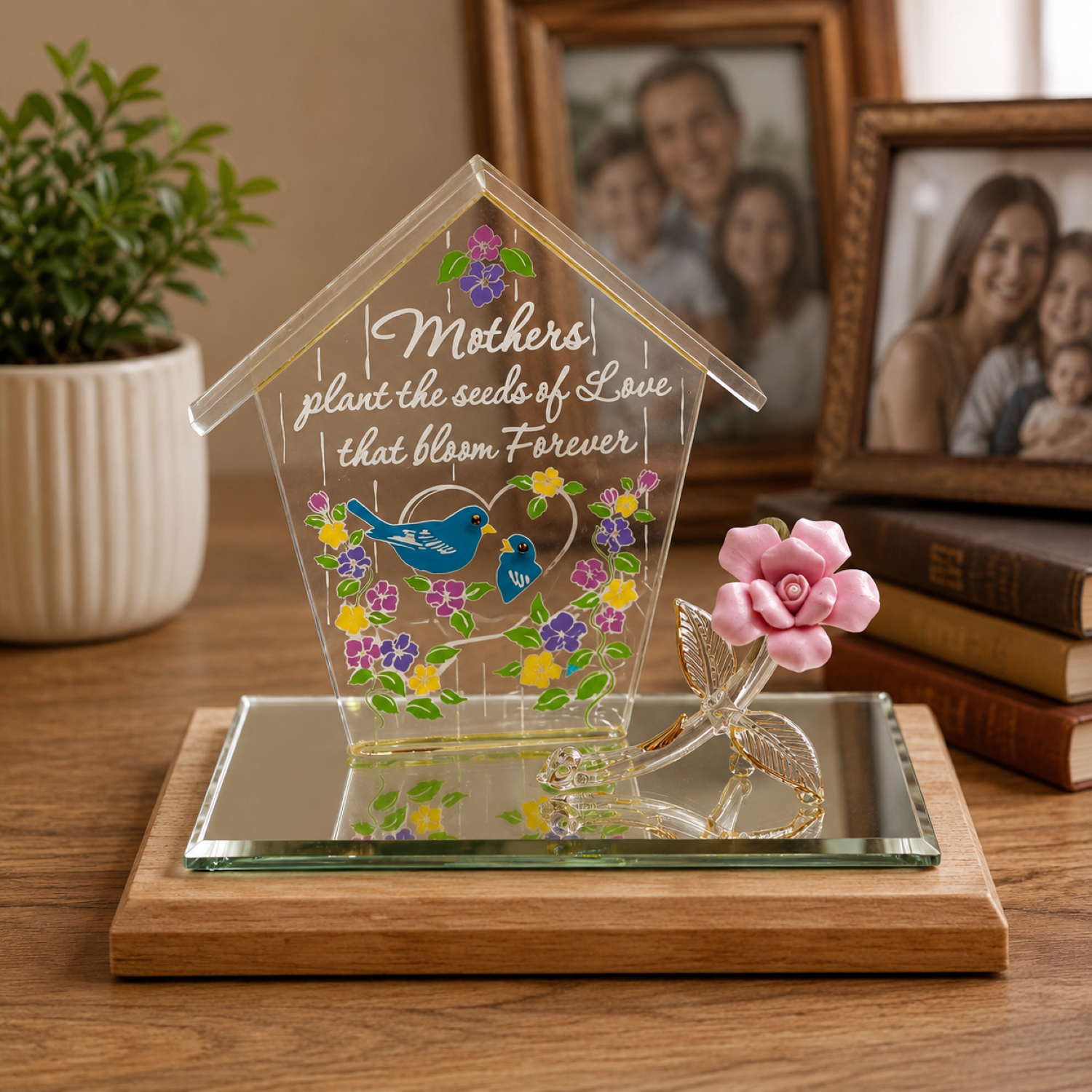 Mother's Day acrylic plaque with pink porcelain rose, floral bird design and love message on beveled glass mirror base