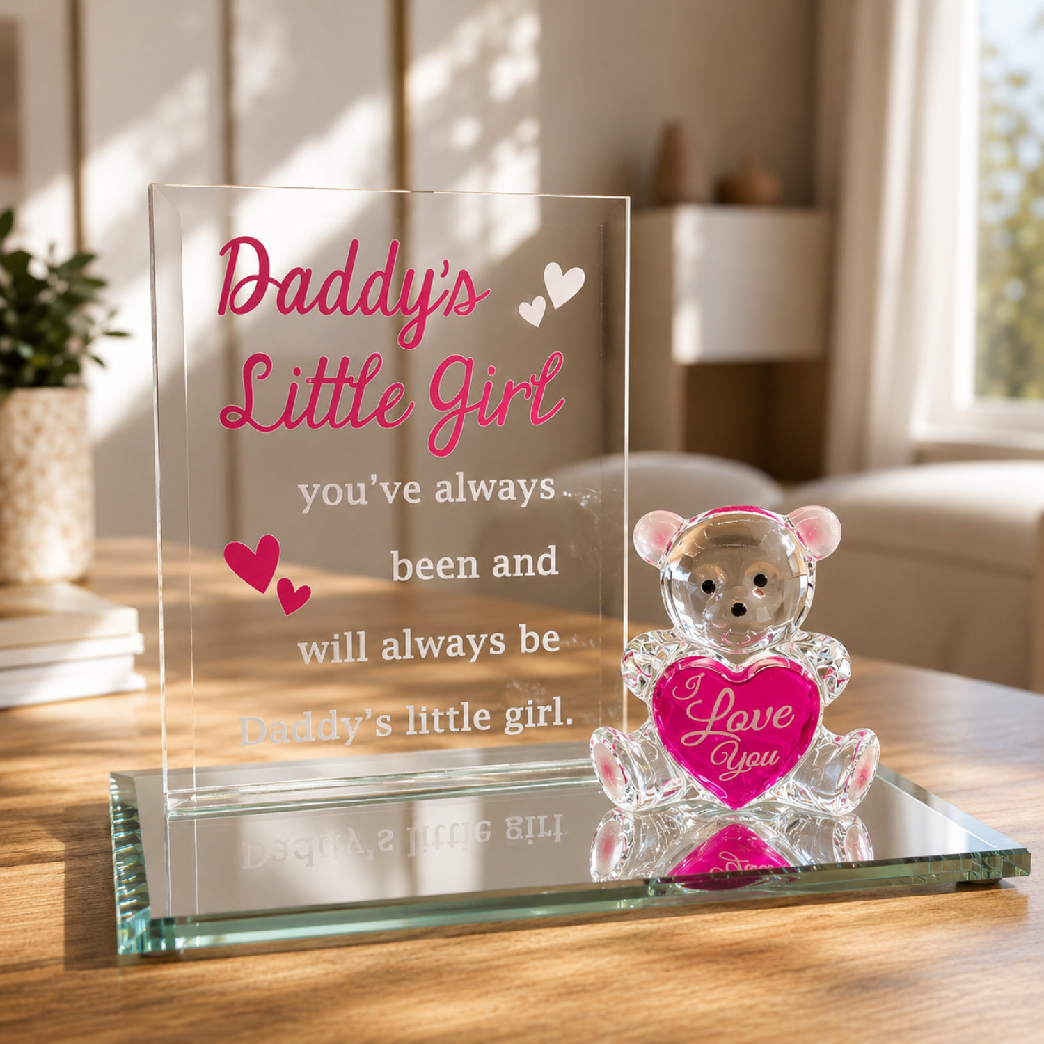 Handcrafted glass teddy bear figurine holding a pink I Love You heart with Daddy's Little Girl sentiment back plate on a beveled mirror base.