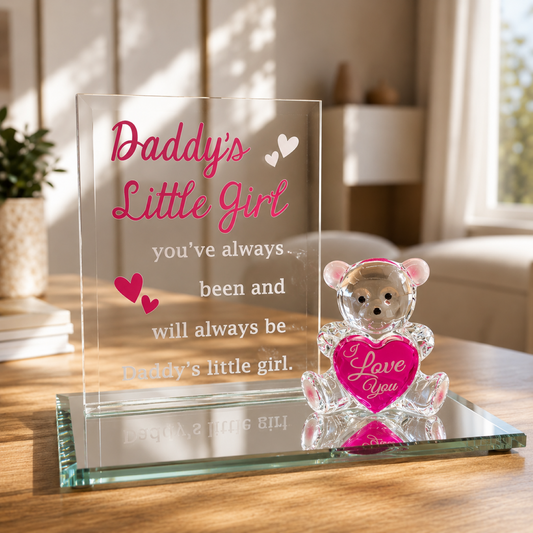 Handcrafted glass teddy bear figurine holding a pink I Love You heart with Daddy's Little Girl sentiment back plate on a beveled mirror base.