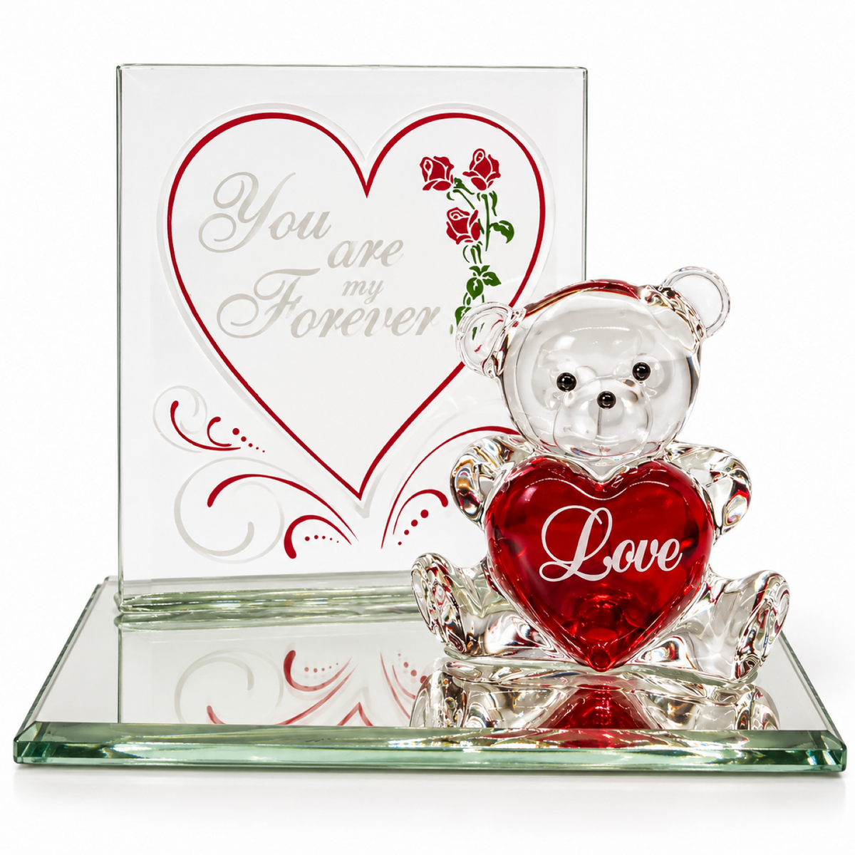 Glass Teddy Bear Figurine with Love Heart, Romantic Anniversary Gift, Handcrafted Glass Keepsake