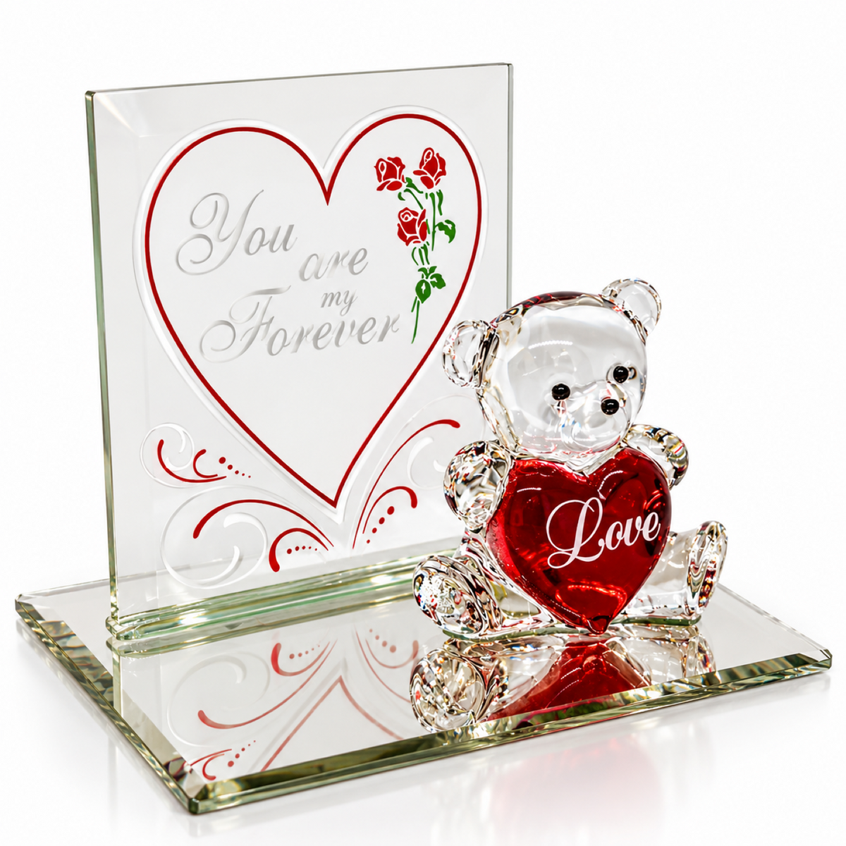 Glass Teddy Bear Figurine with Love Heart, Romantic Anniversary Gift, Handcrafted Glass Keepsake