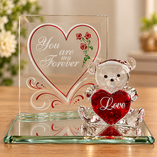 Handcrafted glass teddy bear figurine holding a red Love heart with You are Forever my Love message