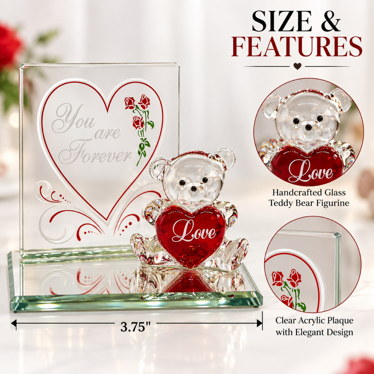 Glass Teddy Bear Figurine with Love Heart, Romantic Anniversary Gift, Handcrafted Glass Keepsake