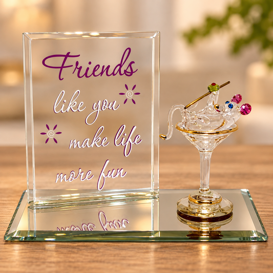 Handcrafted glass mouse figurine inside a martini glass with crystal accents and gold-tone details