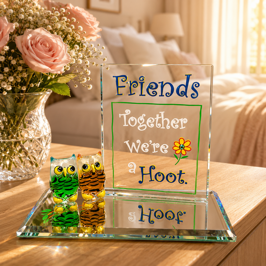 Handcrafted glass owl figurines on a mirrored base with a glass plaque that reads "Friends Together We're a Hoot."