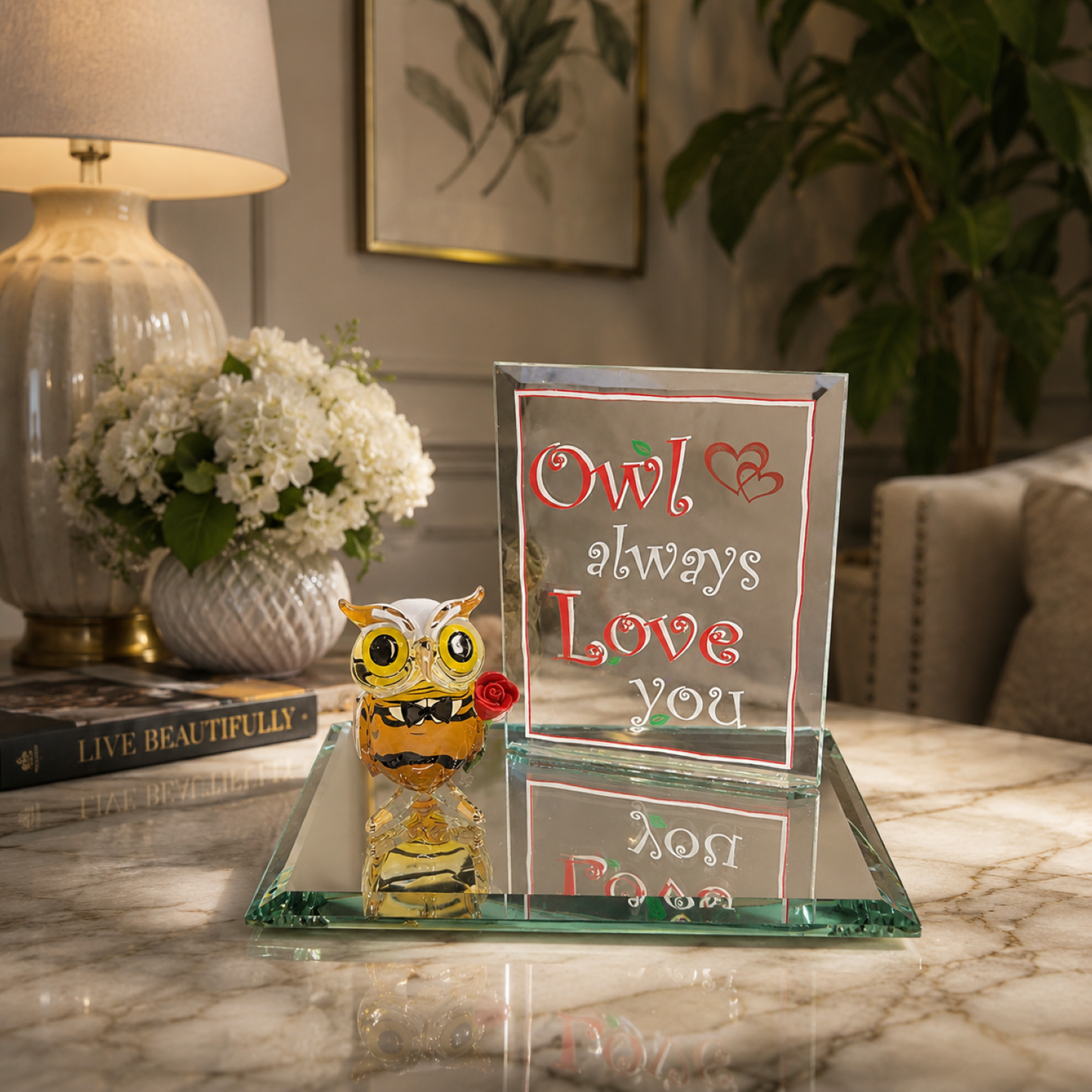 Owl Always Love You Glass Figurine with Rose – Owl Gift for Her, Romantic Keepsake, Anniversary Gift