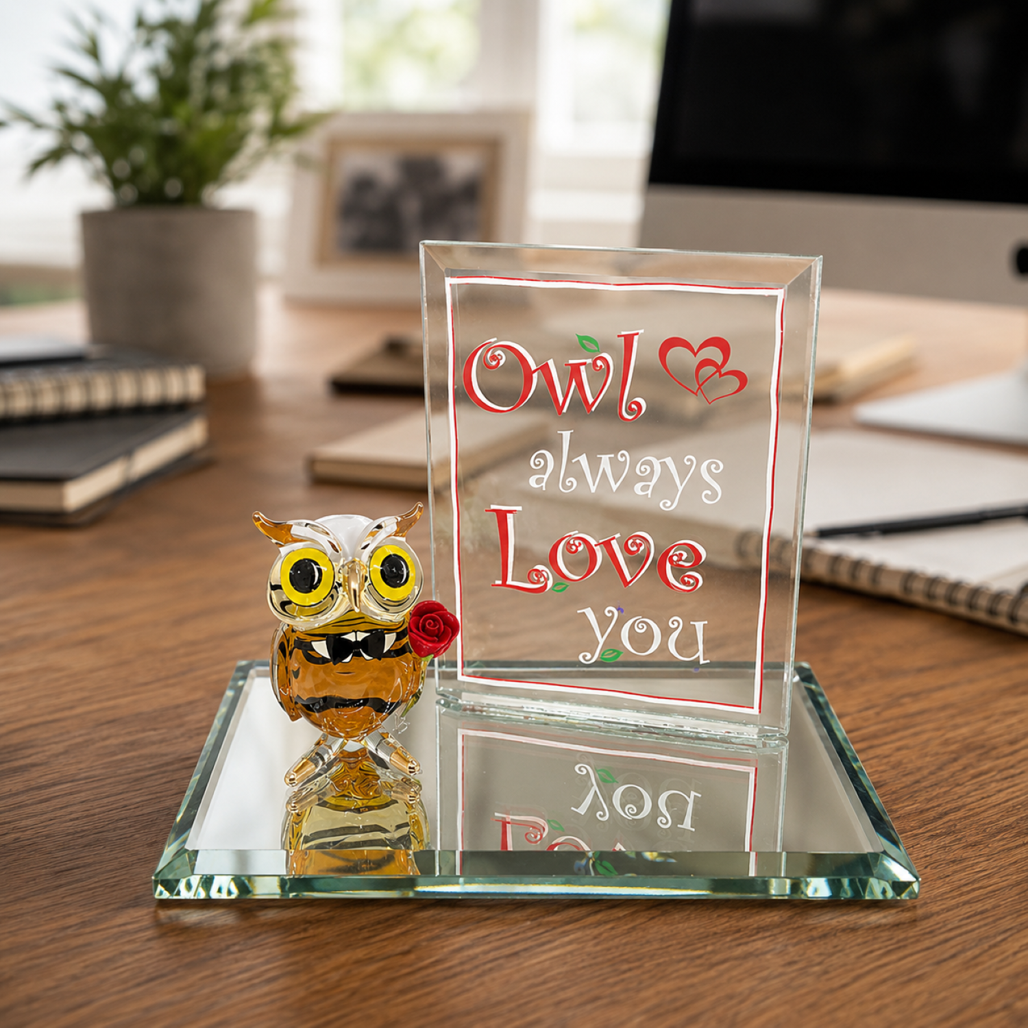 Handcrafted glass owl wearing a bowtie and holding a red rose beside a printed acrylic message that reads "Owl Always Love You" on a mirrored display base.