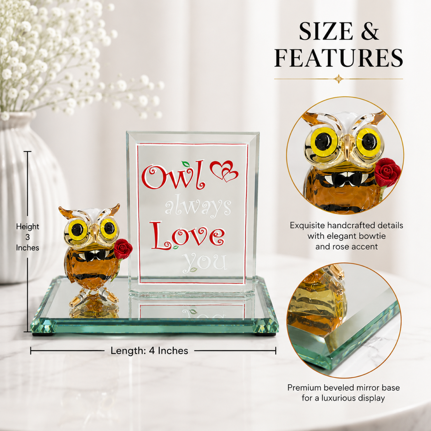 Owl Always Love You Glass Figurine with Rose – Owl Gift for Her, Romantic Keepsake, Anniversary Gift
