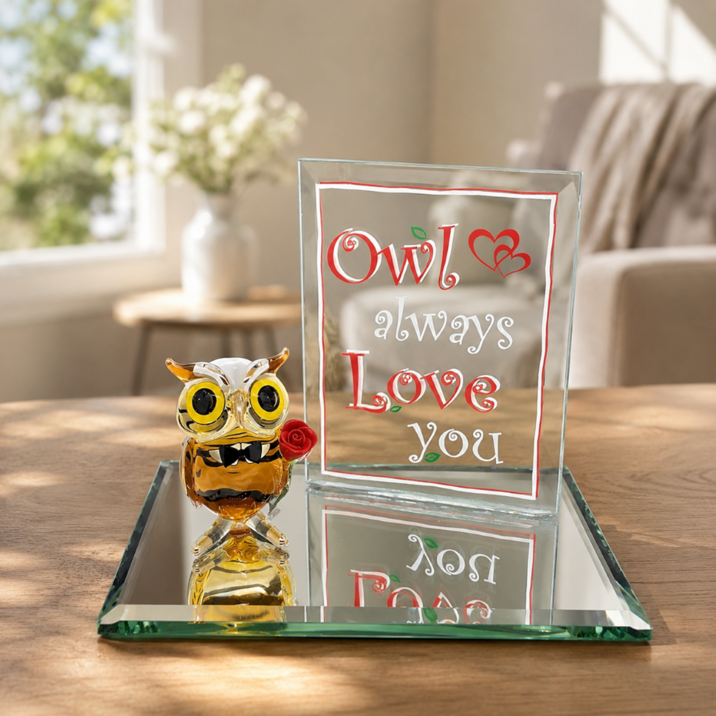 Owl Always Love You Glass Figurine with Rose – Owl Gift for Her, Romantic Keepsake, Anniversary Gift