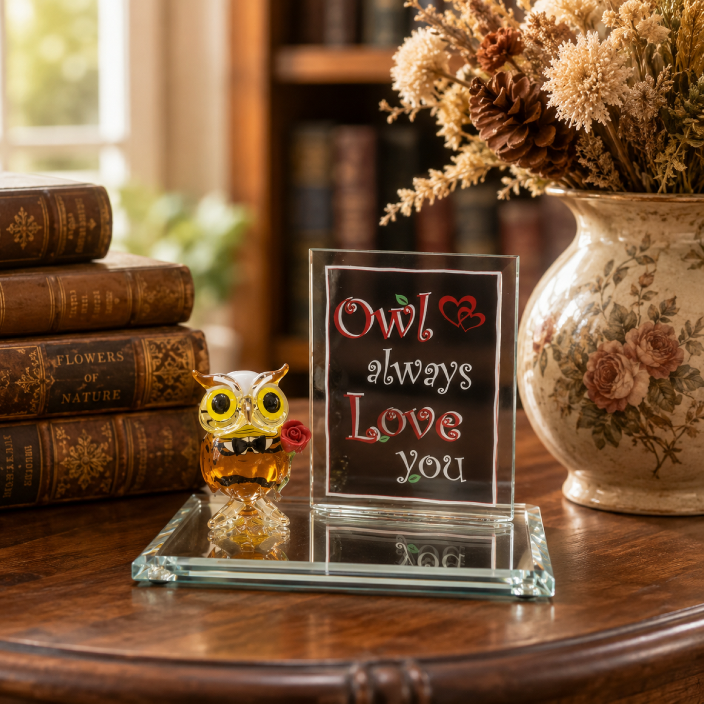 Owl Always Love You Glass Figurine with Rose – Owl Gift for Her, Romantic Keepsake, Anniversary Gift