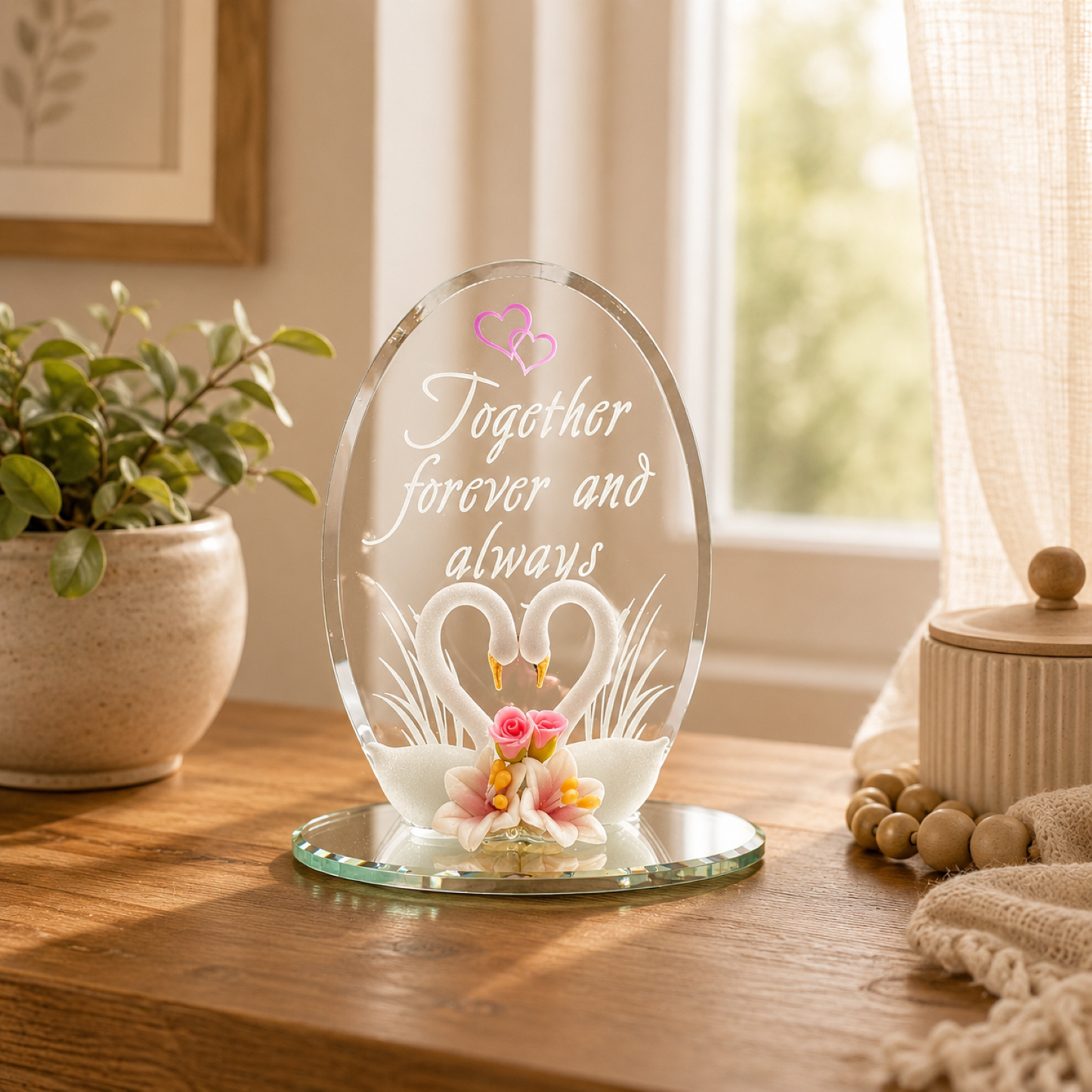 Romantic Swan Glass Figurine Gift for Couples | Forever Love Anniversary Decor