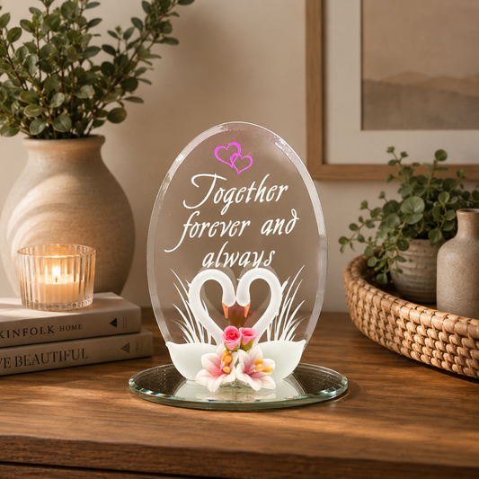 Handcrafted swan glass figurine with flowers and Together Forever and Always sentiment on mirror base.