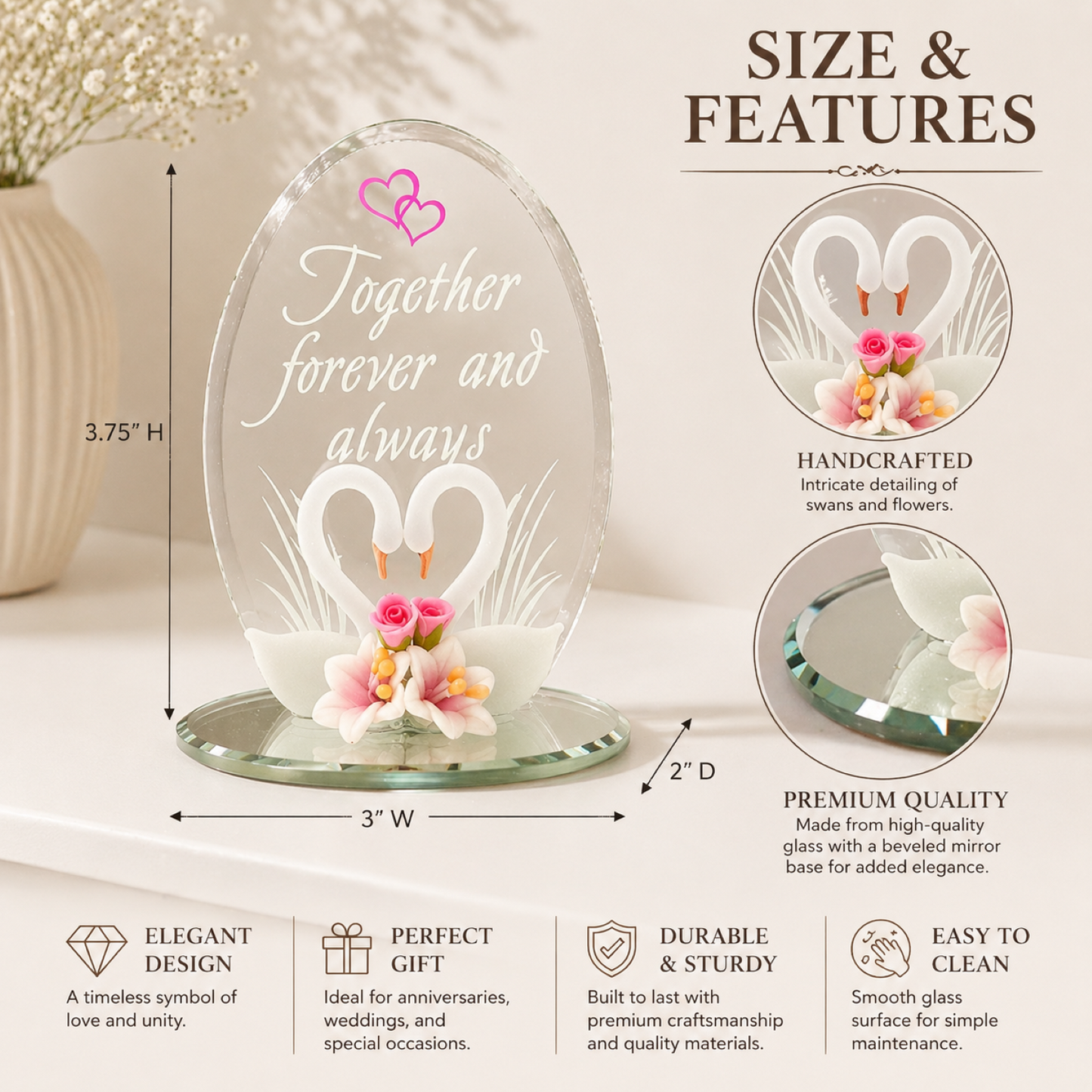 Romantic Swan Glass Figurine Gift for Couples | Forever Love Anniversary Decor
