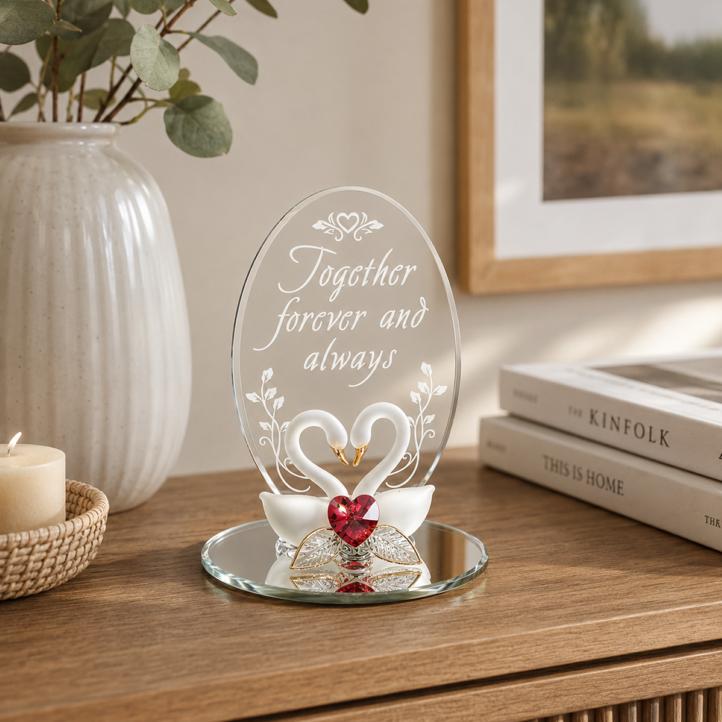 Swan Figurine Anniversary Gift for Couples | Romantic Love Decor with Heart Crystal
