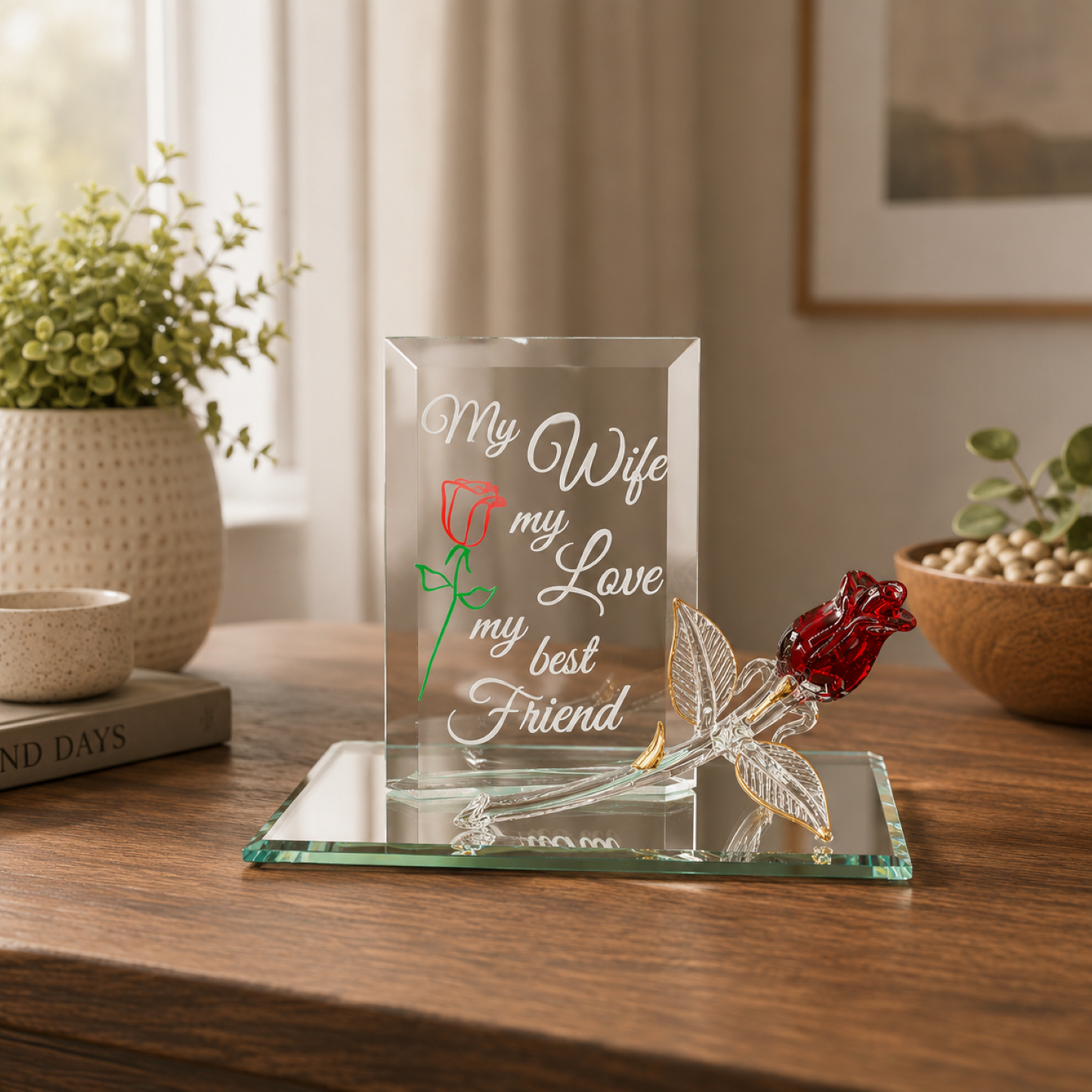 Wife Rose Glass Figurine Gift | Romantic Love  Anniversary Decor