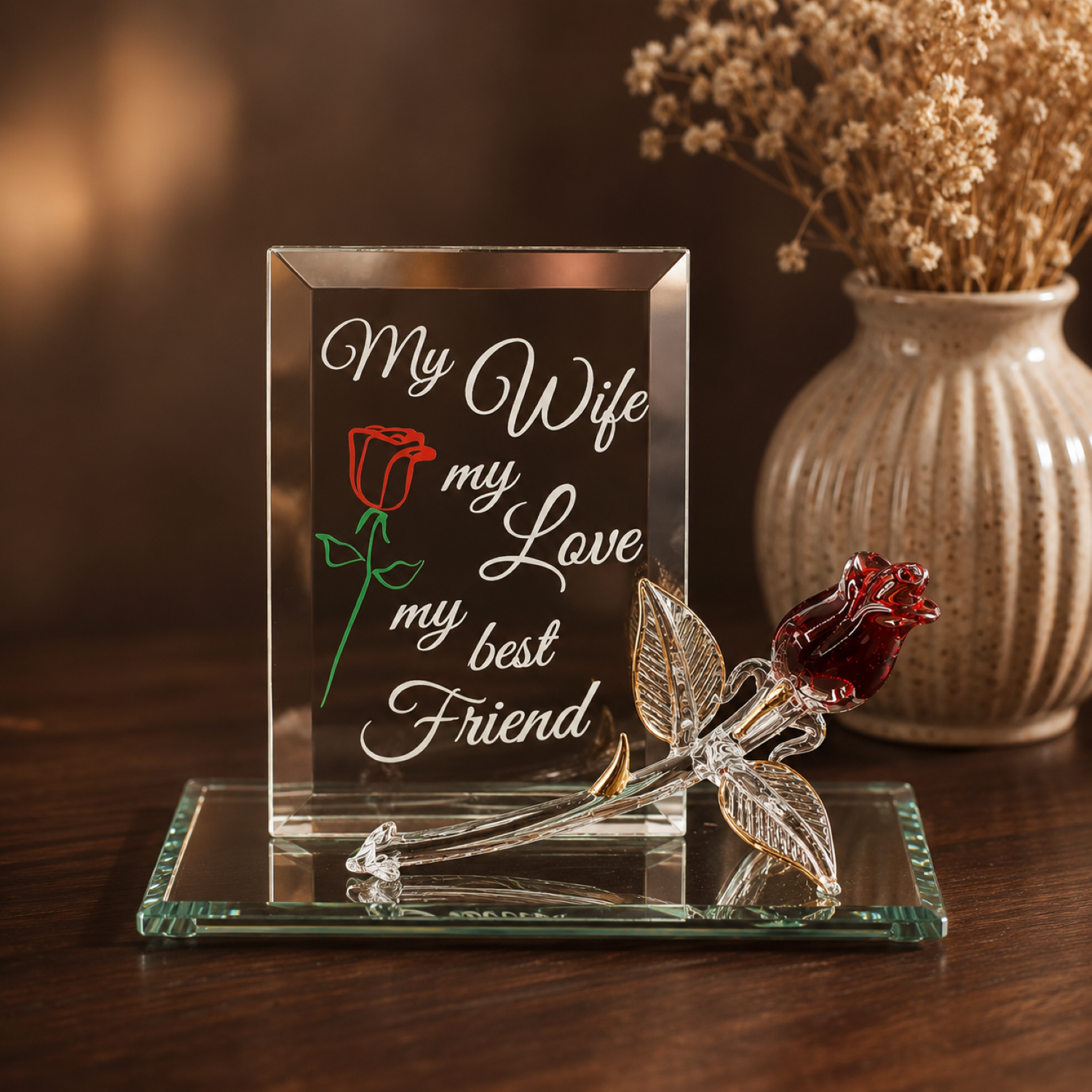 Handcrafted red rose glass figurine on a beveled mirror base with decorative message panel reading "My Wife my Love my best Friend" with gold accents.