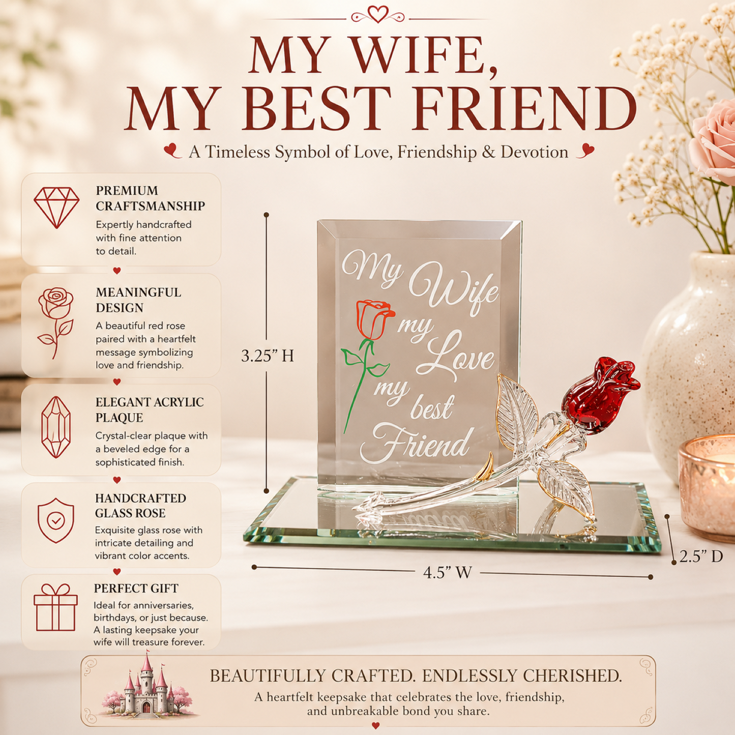 Wife Rose Glass Figurine Gift | Romantic Love  Anniversary Decor