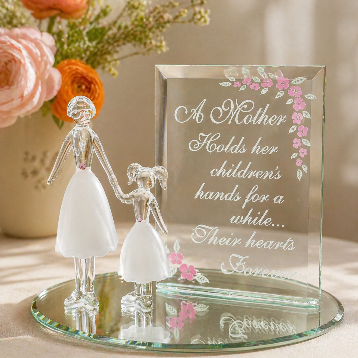 Handcrafted mother and daughter figurine holding hands with glass plaque and family quote on beveled mirror base