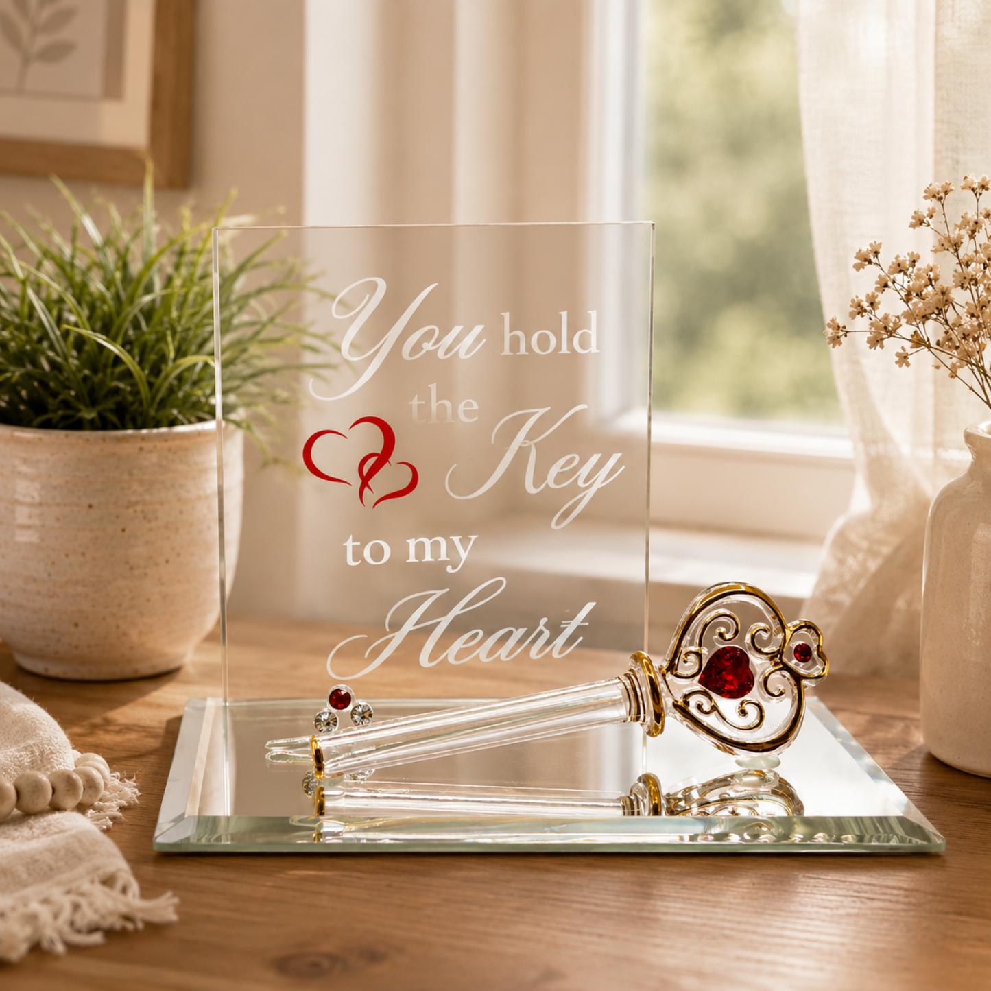 Romantic Glass Key Gift for Her | Key to My Heart Love Figurine Decor