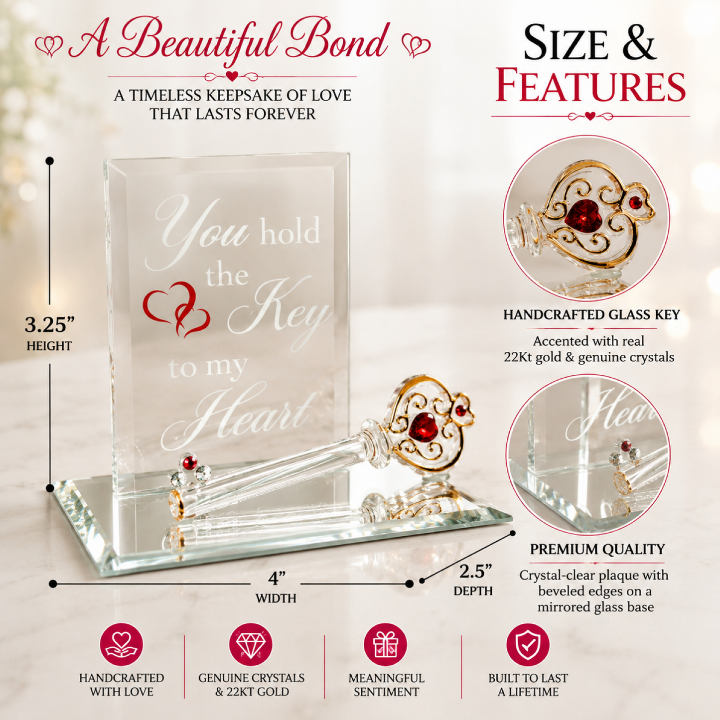 Romantic Glass Key Gift for Her | Key to My Heart Love Figurine Decor