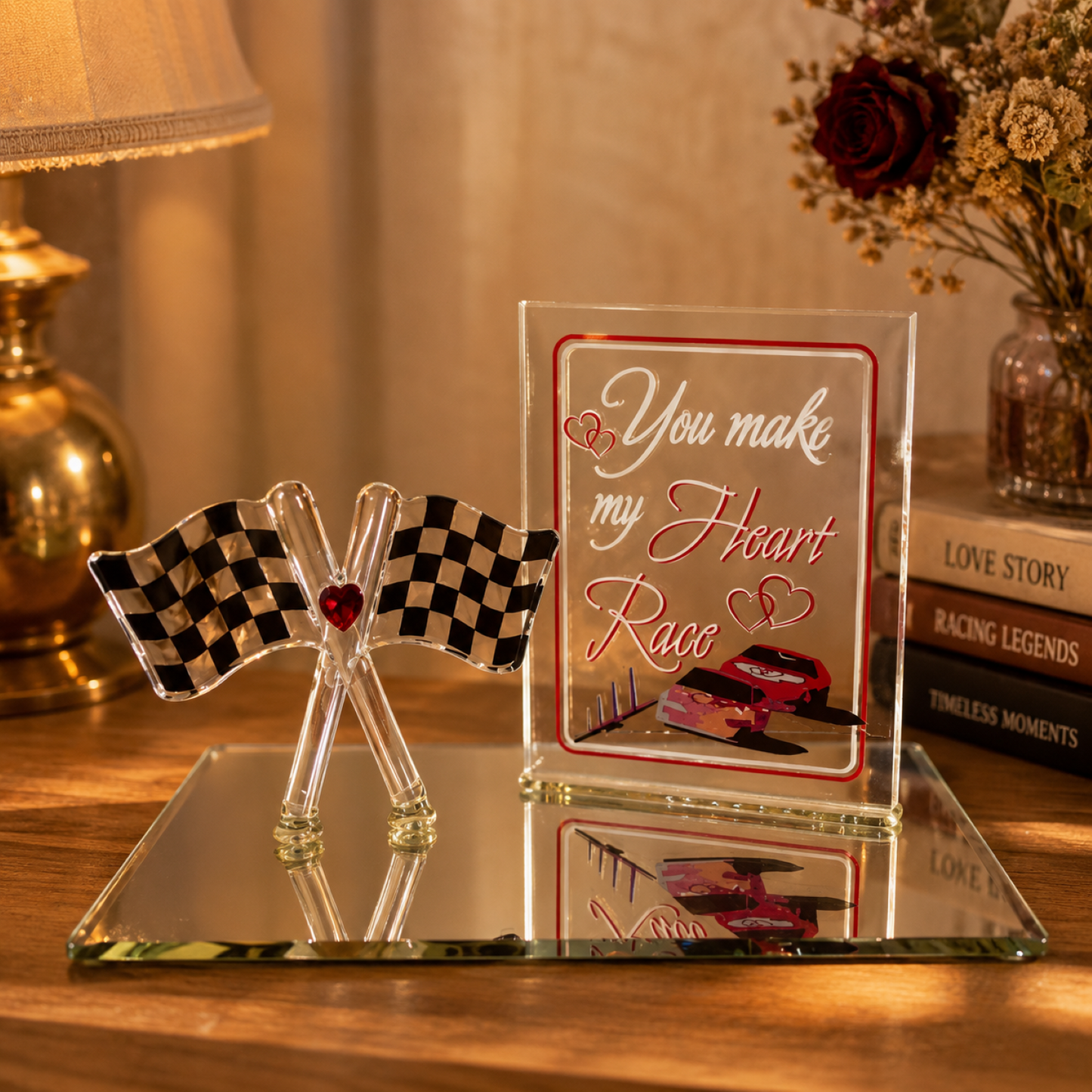 Race Car Gift for Him Handcrafted Glass Checkered Flag Figurine, Racing Lover Collectible Decor