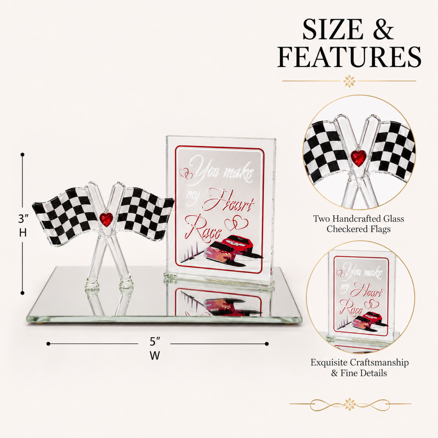 Race Car Gift for Him Handcrafted Glass Checkered Flag Figurine, Racing Lover Collectible Decor