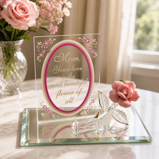 Pink porcelain rose on glass mirror plaque with engraved message gift for mom home decor keepsake