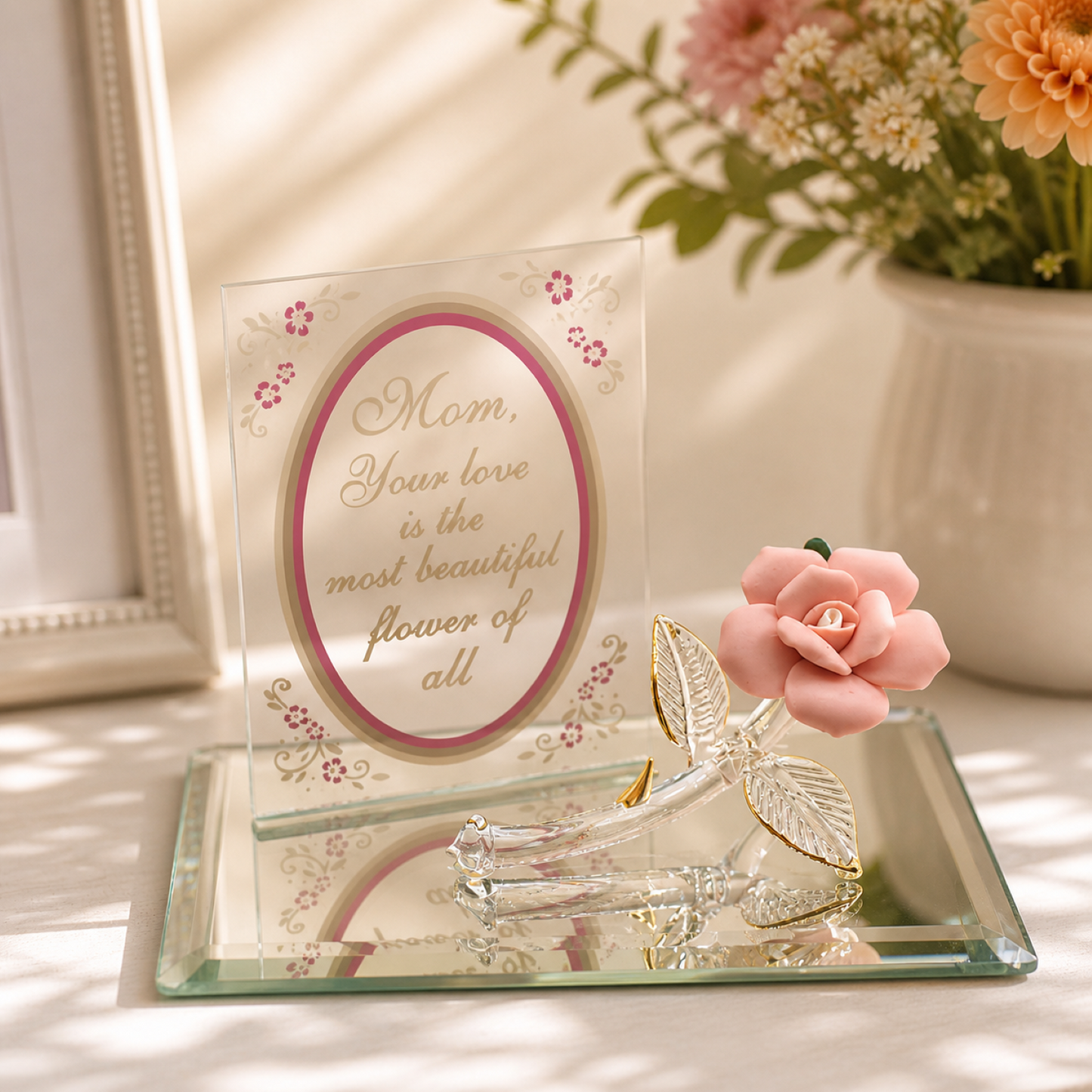 Mom Gift Pink Rose Decor Handcrafted Mothers Day Present Flower Sign