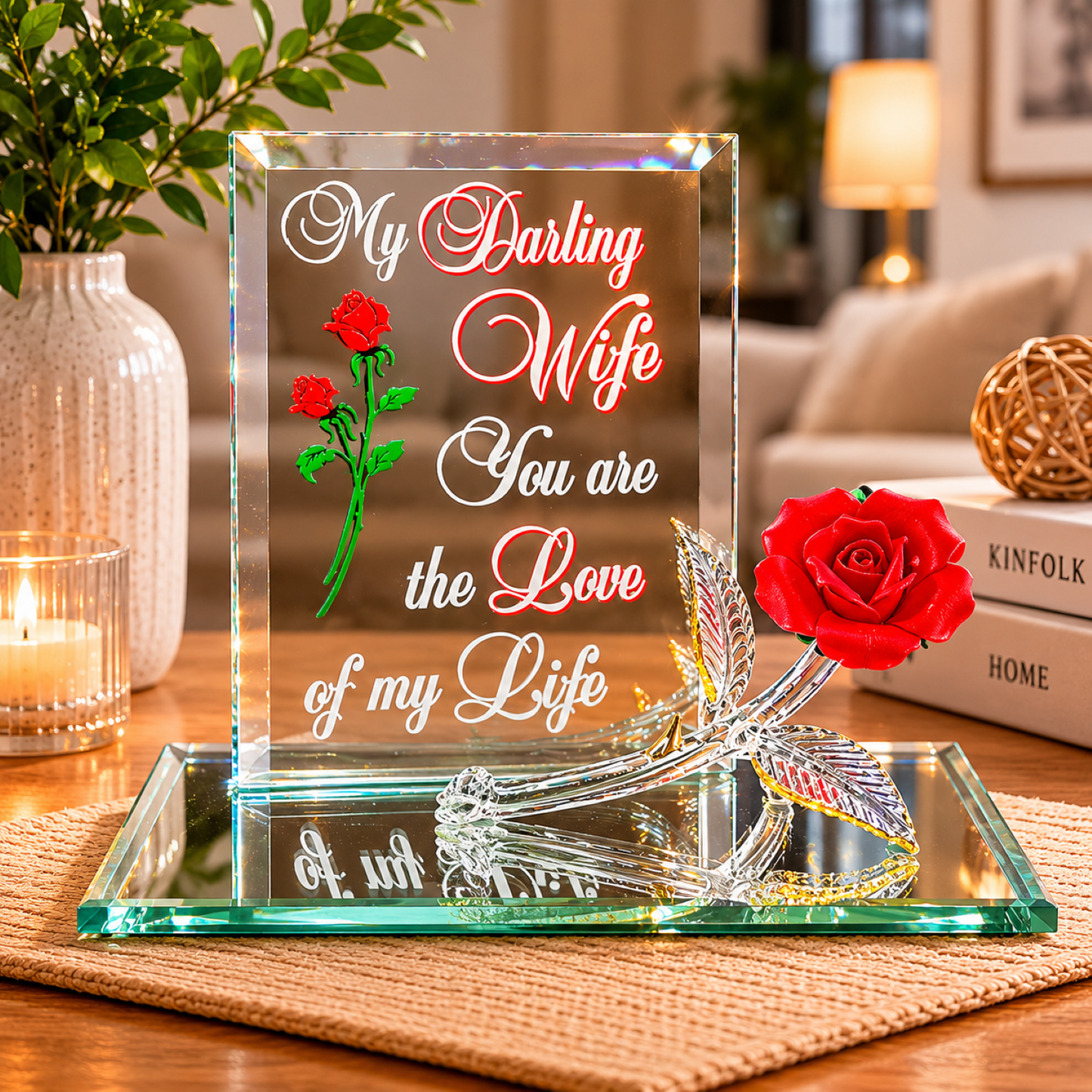 My Darling Wife Glass Rose Figurine Romantic Anniversary Gift Home Decor