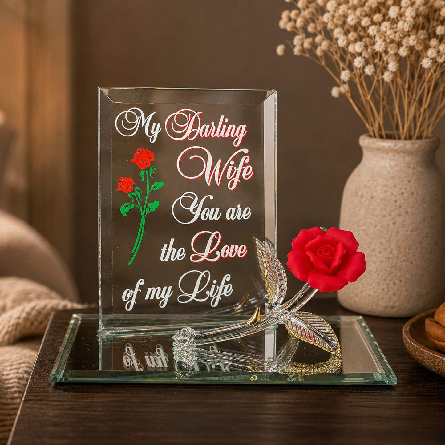 Handcrafted red rose glass figurine on a beveled mirror base with decorative message panel reading "My Darling Wife You are the Love of my Life".