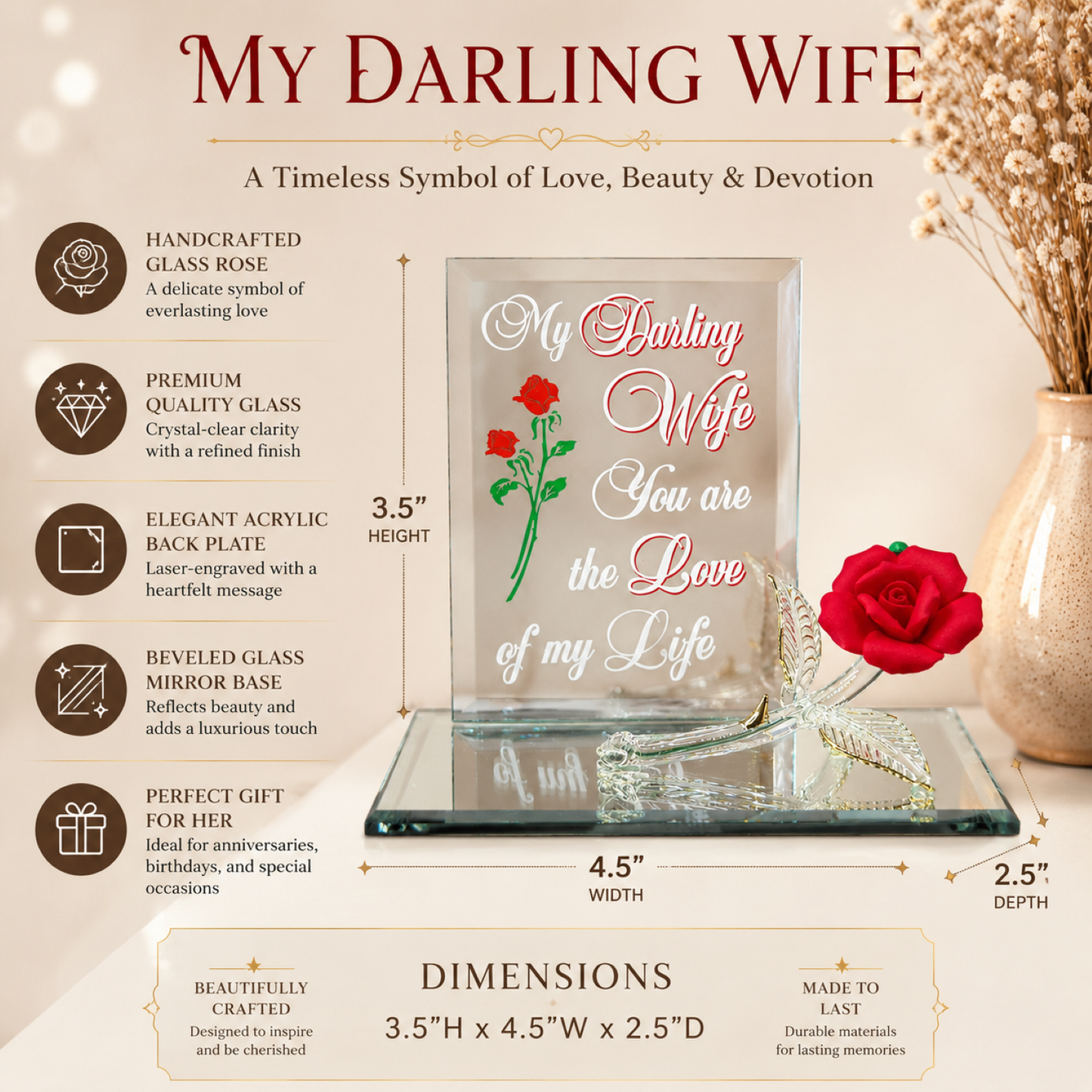 My Darling Wife Glass Rose Figurine Romantic Anniversary Gift Home Decor