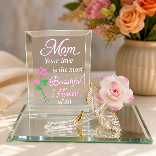 Pink porcelain rose with Mom message on beveled glass mirror plaque decorative keepsake gift for mom