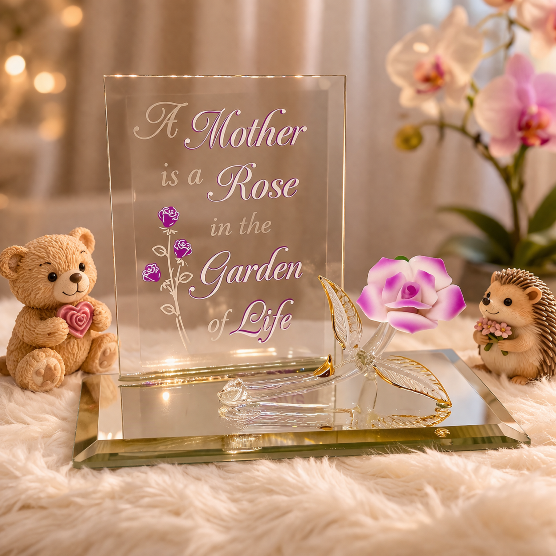 mother rose figurine pink porcelain flower glass base mothers day gift engraved message decor