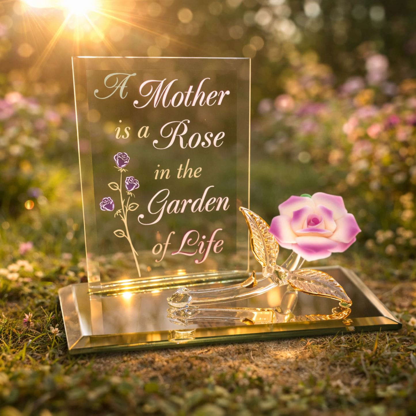 Mother Rose Figurine Glass Gift for Mom Pink Porcelain Flower Decor Mothers Day Gift