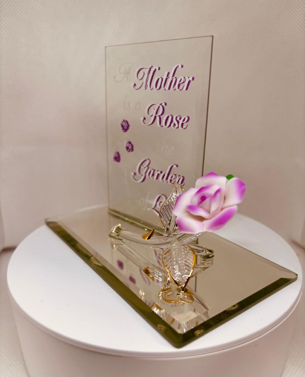 Mother Rose Figurine Glass Gift for Mom Pink Porcelain Flower Decor Mothers Day Gift
